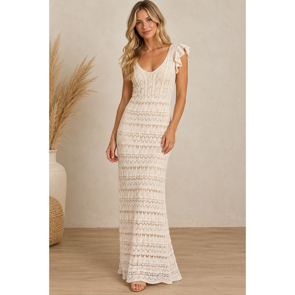 Freshman 1996 Pointelle Knit Maxi Dress Women S Boho Cottagecore Cream Ruffle